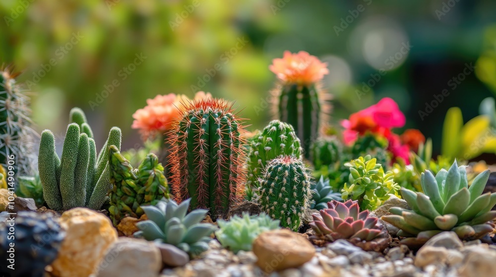 Collection of miniature cactus plants in a garden setting Collection of miniature cactus plants in a garden setting