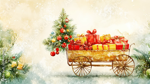 Aesthetic watercolor Christmas greeting card with cart and new year tree and decoration. Copy space. Generative AI