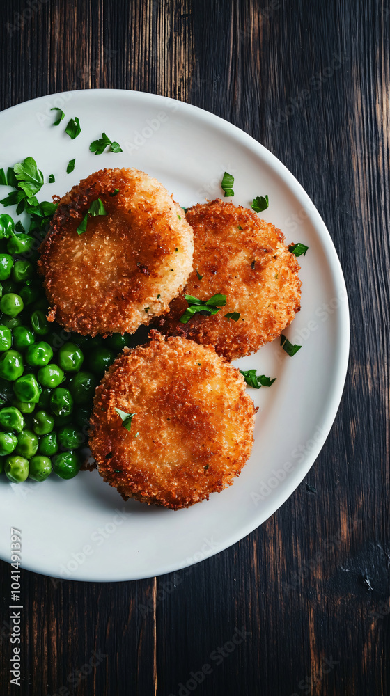 Breaded cutlets and green peas on a white plate atop a dark wooden table Breaded cutlets and green peas on a white plate atop a dark wooden table