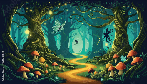 Mystical woodland with ancient trees lush vegetation and sparkling fairy lights background