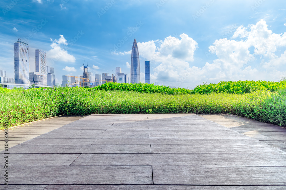 Empty wooden floor and cityscape with skyline in modern city in Shenzhen Empty wooden floor and cityscape with skyline in modern city in Shenzhen