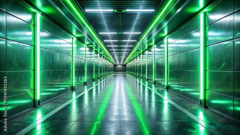 A long, straight passageway bathed in green luminescent light from sleek panels along the walls, creating a hypnotic and modern aesthetic. A long, straight passageway bathed in green luminescent light from sleek panels along the walls, creating a hypnotic and modern aesthetic.