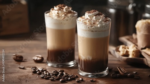 Two layered coffee drinks topped with whipped cream and cocoa, surrounded by coffee beans.