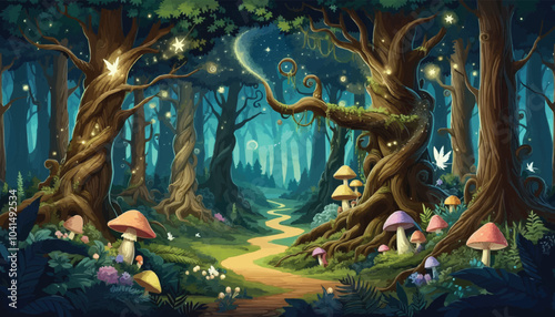 Mystical woodland with ancient trees lush vegetation and sparkling fairy lights background