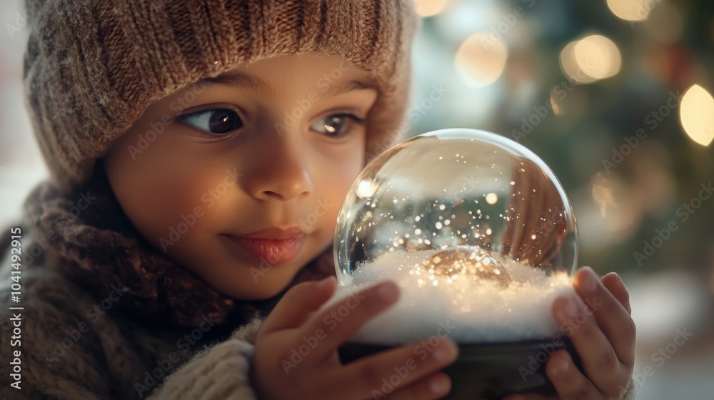 Naklejka premium child holding a snow globe with wonder in their eyes. 