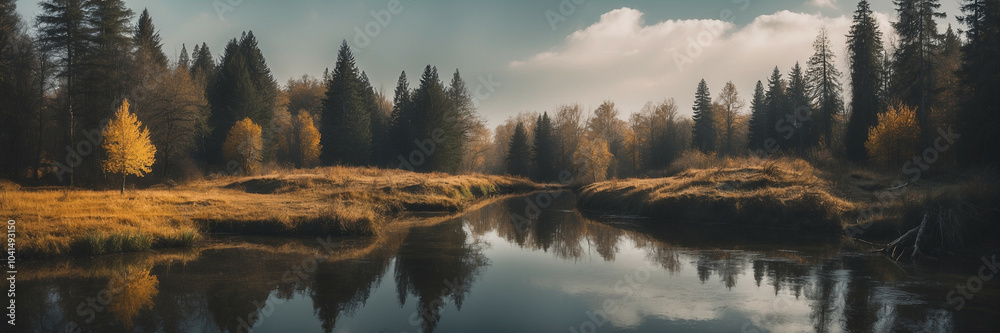 Fototapeta premium Serene autumn landscape with tranquil river and golden trees reflecting in water