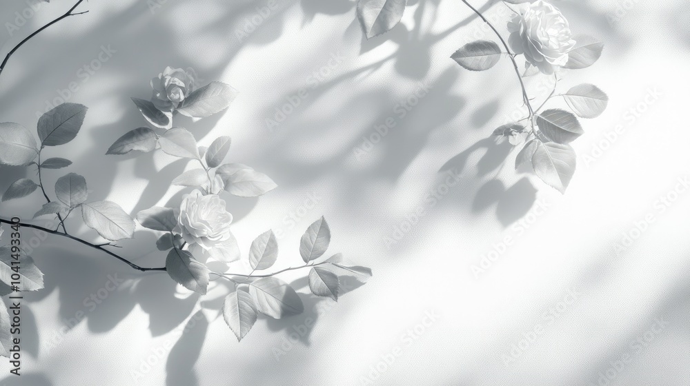 Fototapeta Gray shadow overlay of wild rose leaves and flowers on a white wall Abstract blurred nature background with space for text Ideal for photography and mockup applications