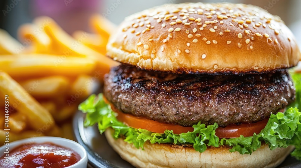 Delicious grilled beef burger accompanied by fresh vegetables and crispy french fries served hot in a casual dining setting