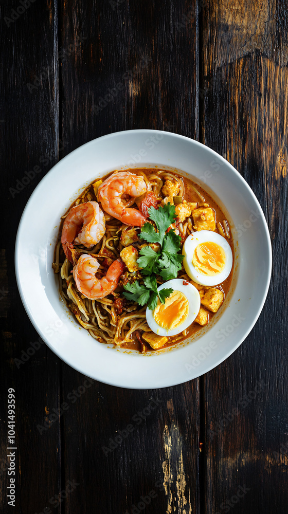 Delicious malaysian laksa soup with noodles, shrimp, chicken, and boiled eggs, topped with fresh cilantro, presented in a white bowl on a rustic wooden table Delicious malaysian laksa soup with noodles, shrimp, chicken, and boiled eggs, topped with fresh cilantro, presented in a white bowl on a rustic wooden table