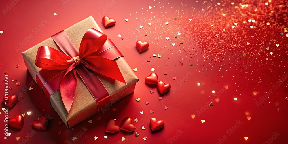 Valentine's Day Card with Red Background Featuring a Red Box Overflowing with Hearts, Tied with a Gold Ribbon and Bow, Gilded Tag Reading Happy Valentine's Day Valentine's Day Card with Red Background Featuring a Red Box Overflowing with Hearts, Tied with a Gold Ribbon and Bow, Gilded Tag Reading Happy Valentine's Day