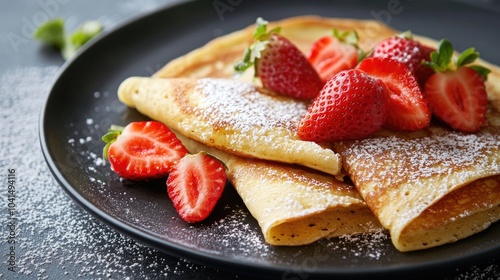 Delicious and fresh pancakes served with strawberries and a sprinkle of sugar