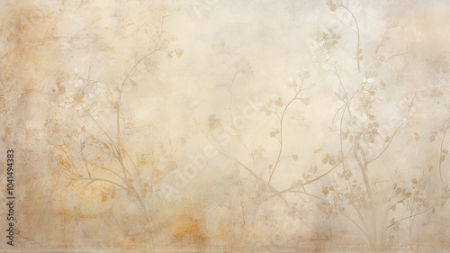 beige light brown background, warm abstract floral ornament on the wall surface copy space