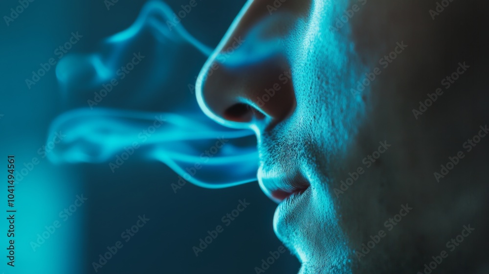 Close-up of a human nose during inhalation, capturing the subtle rise and fall of breath, symbolizing life's delicate balance and the continuous cycle of existence. Close-up of a human nose during inhalation, capturing the subtle rise and fall of breath, symbolizing life's delicate balance and the continuous cycle of existence.