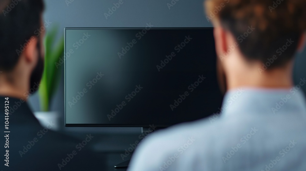 Two individuals are seated, facing a blank television screen in a modern, minimalist setting with a plant in the background. Two individuals are seated, facing a blank television screen in a modern, minimalist setting with a plant in the background.