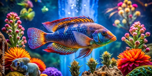 Vibrant Neoglyphidodon Melas in Aquarium Tank with Our Lady of Guadalupe Theme - Stunning Drone Photography of Tropical Fish and Colorful Aquascape photo