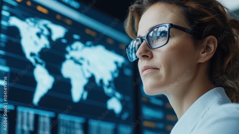 A woman in glasses focuses intently on data displayed on a screen featuring a world map amidst digital analytics. A woman in glasses focuses intently on data displayed on a screen featuring a world map amidst digital analytics.