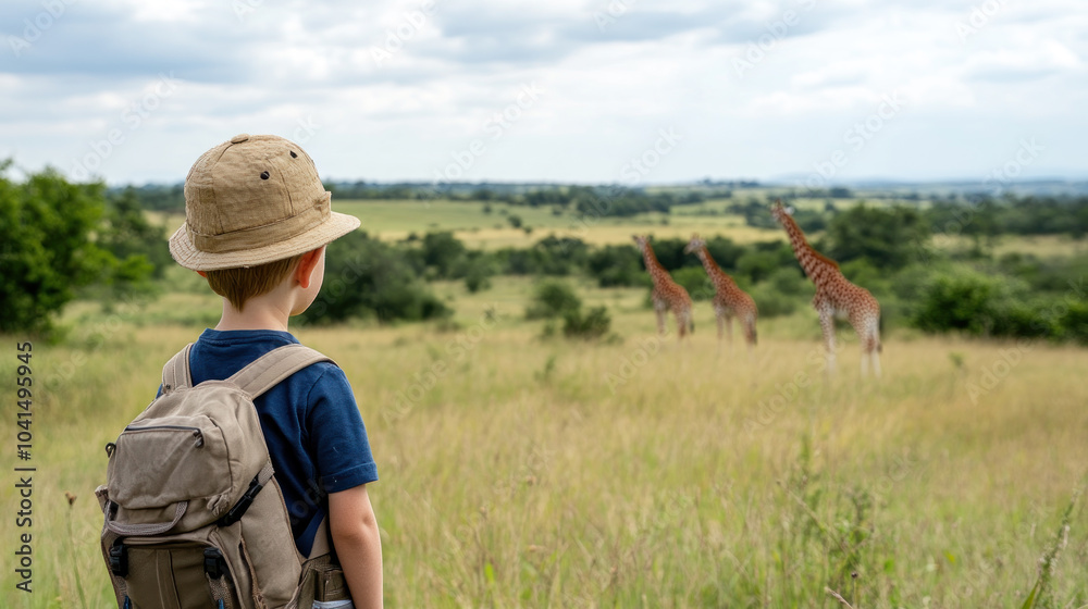 French little boy with giraffe on wildlife savannah safari park africa French little boy with giraffe on wildlife savannah safari park africa