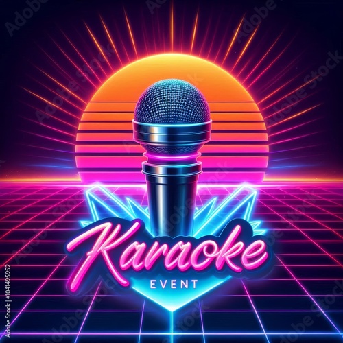 Vibrant neon karaoke event graphic featuring a microphone and retro sunset.