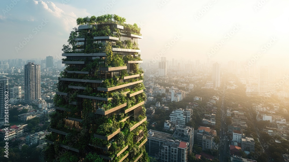 Obraz premium Eco friendly skyscraper adorned with lush greenery rises prominently in the urban landscape showcasing dedication to sustainable architecture