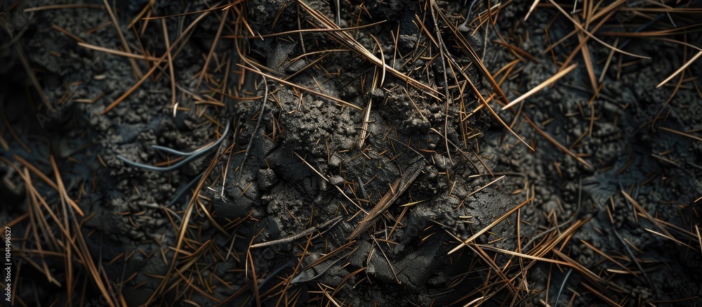 Very Close Up Dark Soil With Pine Debris And Dead Grass Shoots Very Close Up Dark Soil With Pine Debris And Dead Grass Shoots