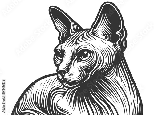 Sphynx cat, showcasing its distinctive hairless body and large ears, in a vintage style sketch engraving generative ai vector illustration. Scratch board imitation. Black and white image.