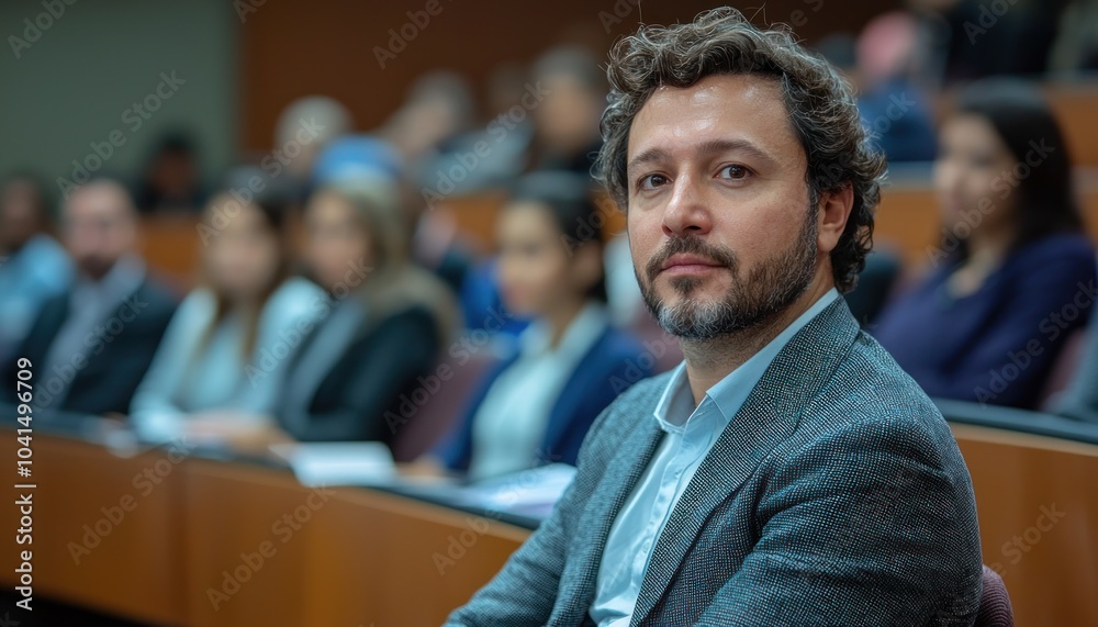 Fototapeta premium Close-up Portrait of a Man with a Beard in a Conference Setting