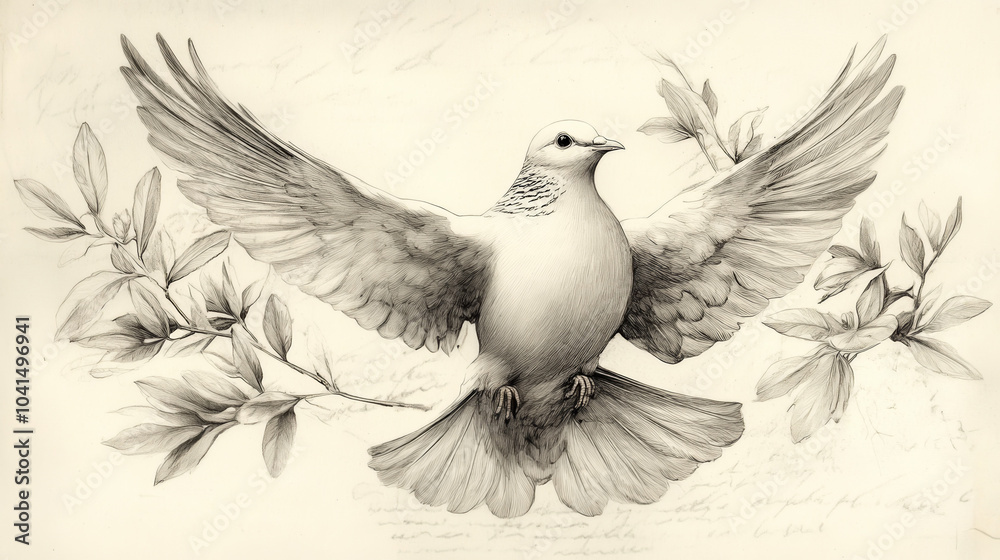 Fototapeta premium Sketch of a Dove with Olive Branch - Detailed Raster Illustration