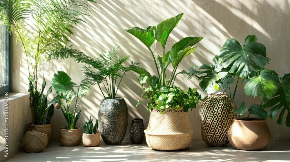 Tranquil sun drenched nook featuring vases and lush plants Tranquil sun drenched nook featuring vases and lush plants