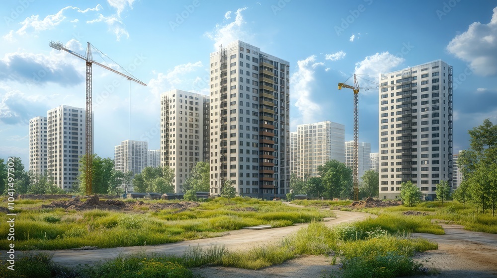 Obraz premium Scenic view of modern apartment buildings under construction, 3D render