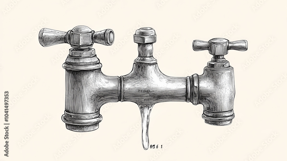 Detailed Engraving Sketch of a Dripping Tap Faucet in Vector Illustration Style Detailed Engraving Sketch of a Dripping Tap Faucet in Vector Illustration Style