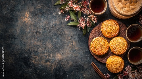 Mid Autumn Festival Concept Yuebing Monncakes On Rustic Background Top View