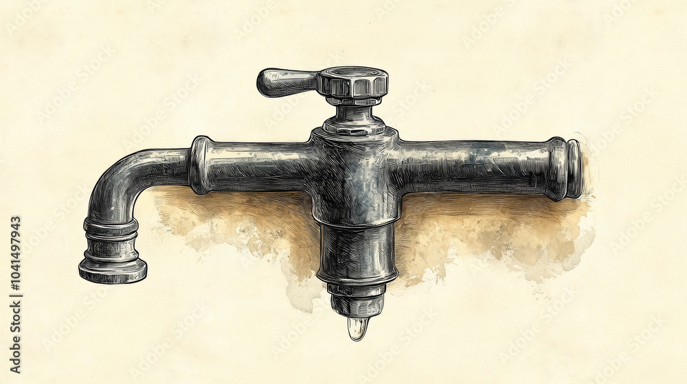 Detailed Engraved Sketch of Dripping Tap Faucet in Vector Illustration Style Detailed Engraved Sketch of Dripping Tap Faucet in Vector Illustration Style