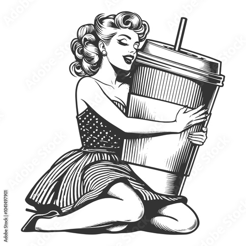 pin-up woman hugging coffee cup, coffee culture sketch engraving generative ai fictional character vector illustration. Scratch board imitation. Black and white image.