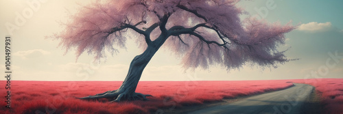 A pink tree in vibrant red field