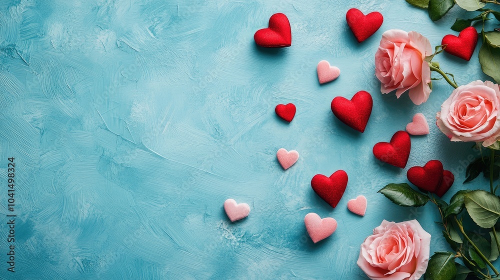Romantic background featuring pink and red hearts along with rose flowers on a blue tabletop perfect for festive greeting card designs Flat lay concept Romantic background featuring pink and red hearts along with rose flowers on a blue tabletop perfect for festive greeting card designs Flat lay concept