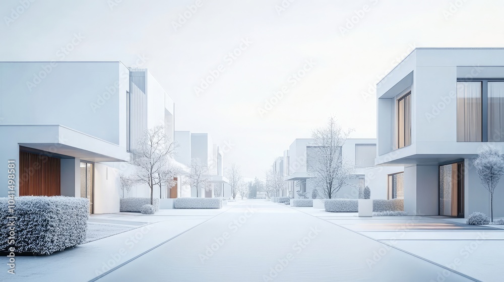 Street of modern houses with sleek architecture, 3D render