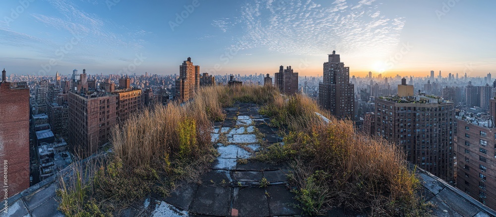 Fototapeta premium Sunrise over a city skyline viewed from a rooftop garden.