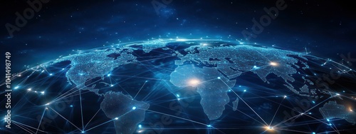 Carte du monde numérique abstraite avec des connexions de réseau mondial et le transfert de données, design sur le thème de l'Intelligence Artificielle.