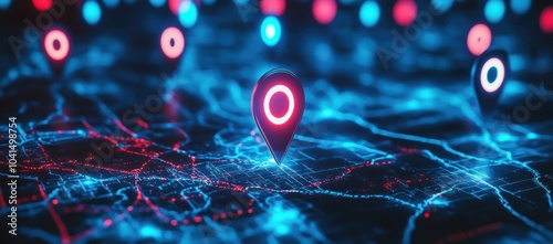 Une carte numérique abstraite avec des épingles de localisation brillantes avec lumières bleues et rouges sur un fond sombre, un concept de technologie. photo