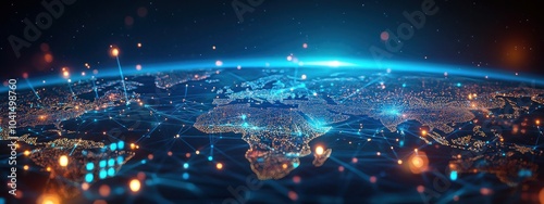 Carte du monde numérique abstraite avec des connexions de réseau mondial et le transfert de données, design sur le thème de l'Intelligence Artificielle.