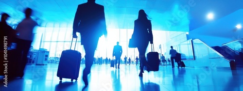 Des hommes d'affaires et femmes d'affaires marchant avec des valises dans un hall d'aéroport, sur un fond flou abstrait dans une bannière de teinte bleue. photo