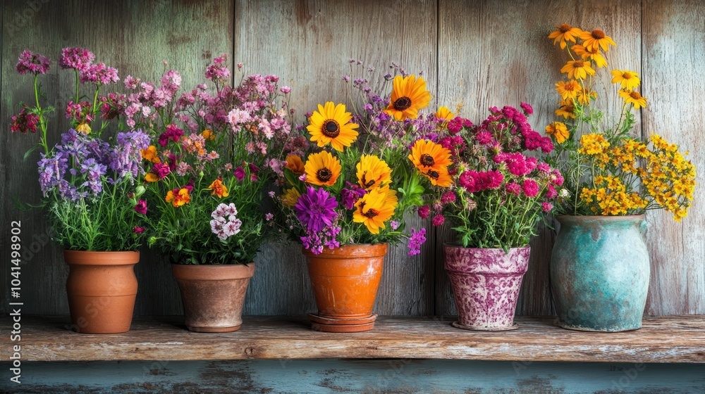 Colorful Flower Arrangement on Rustic Shelf Featuring Various Pots in a Natural Environment Colorful Flower Arrangement on Rustic Shelf Featuring Various Pots in a Natural Environment
