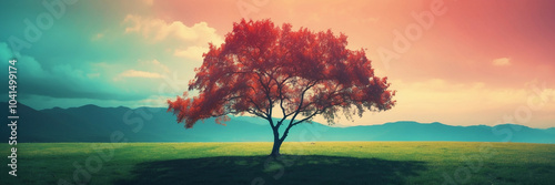 A solitary red tree amidst a vibrant landscape under a colorful sky