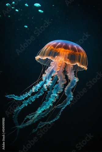 A glowing jellyfish drifts gracefully through deep ocean waters at night