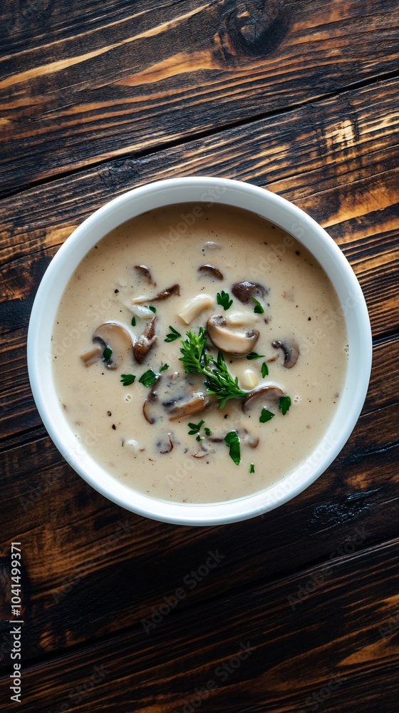 Creamy mushroom soup presented in a white bowl on a rustic wooden table, topped with a sprinkle of fresh parsley Creamy mushroom soup presented in a white bowl on a rustic wooden table, topped with a sprinkle of fresh parsley