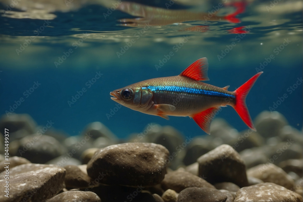 Naklejka premium neon tetra fish in clear water