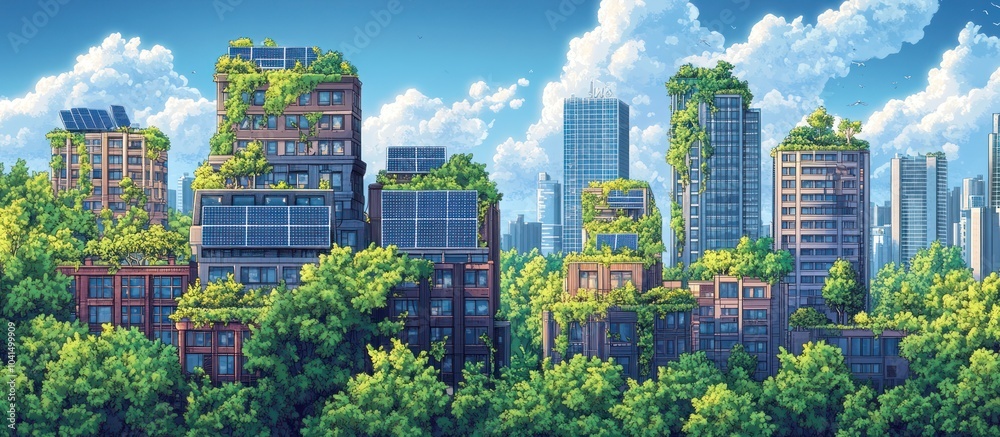 Obraz premium A cityscape with skyscrapers overgrown with plants and trees, a concept of urban nature and sustainable living.