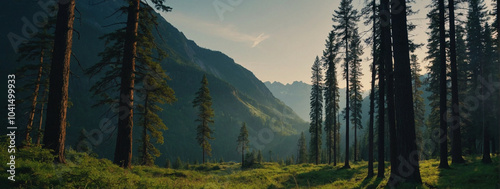 Serene forest landscape with towering trees and distant mountains during sunrise