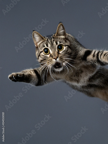 startled cat on a gray background
