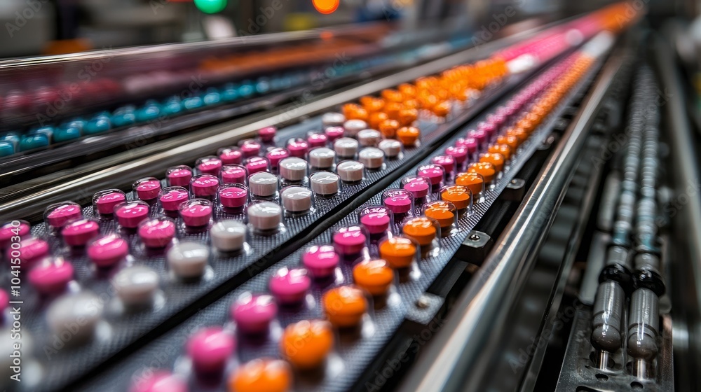 A close-up view of a conveyor belt in a pharmaceutical factory, showcasing rows of colorful pills being packaged and processed. A close-up view of a conveyor belt in a pharmaceutical factory, showcasing rows of colorful pills being packaged and processed.
